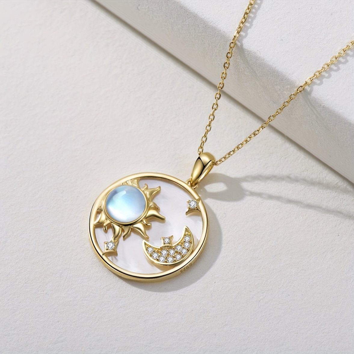 Women's S925 Pendant Necklace with Moonstone Inlaid Shell Sun Moon Star Pendant